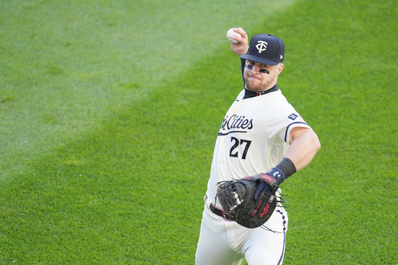 Oct 11, 2023; Minneapolis, Minnesota, USA; Minnesota Twins catcher Ryan Jeffers (27) warms up before the game against the Houston Astros during game four of the ALDS for the 2023 MLB playoffs at Target Field. Mandatory Credit: Matt Blewett-USA TODAY Sports