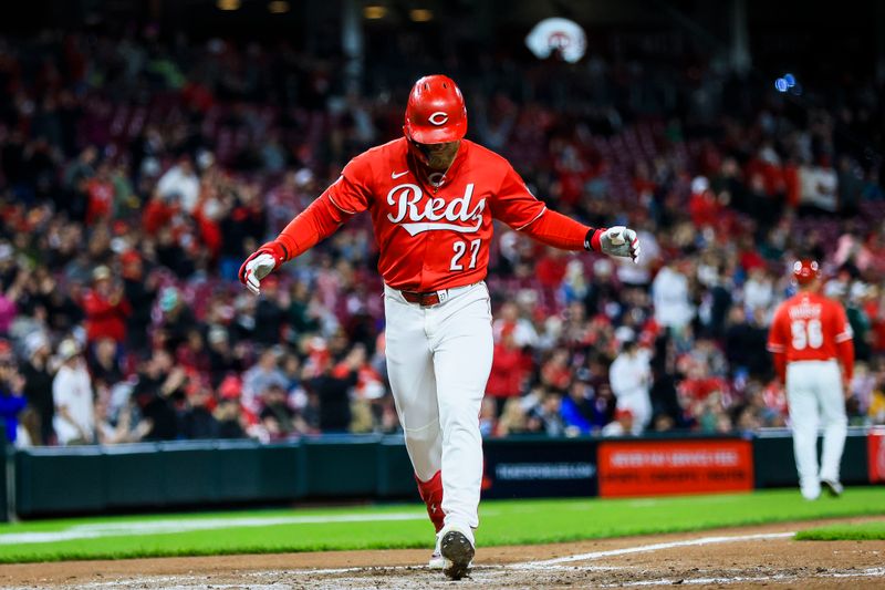 May 3, 2025; Cincinnati, Ohio, USA; Cincinnati Reds outfielder Jake Fraley (27) reacts after hitting a solo home run in the sixth inning against the Washington Nationals at Great American Ball Park. Mandatory Credit: Katie Stratman-Imagn Images