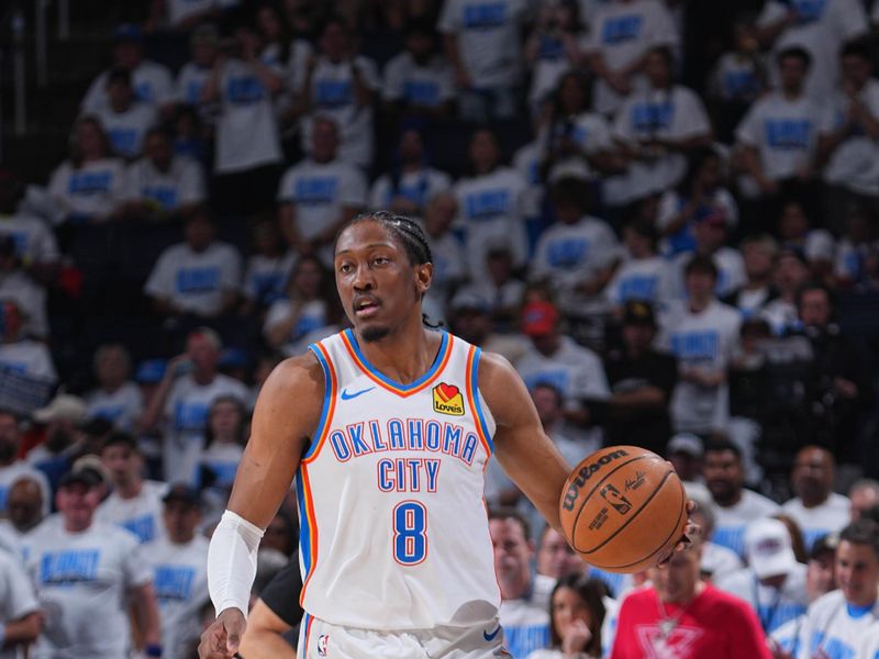 OKLAHOMA CITY, OK - MAY 20: Jalen Williams #8 of the Oklahoma City Thunder dribbles the ball during the game against the Minnesota Timberwolves during Game One of the Western Conference Finals on May 20, 2025 at Paycom Center in Oklahoma City, Oklahoma. NOTE TO USER: User expressly acknowledges and agrees that, by downloading and or using this photograph, User is consenting to the terms and conditions of the Getty Images License Agreement. Mandatory Copyright Notice: Copyright 2025 NBAE (Photo by Garrett Ellwood/NBAE via Getty Images)