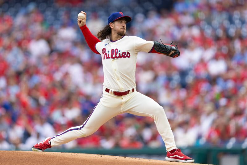 Aug 23, 2023; Philadelphia, Pennsylvania, USA; Philadelphia Phillies starting pitcher Michael Lorenzen (22) throws a pitch during the first inning against the San Francisco Giants at Citizens Bank Park. Mandatory Credit: Bill Streicher-USA TODAY Sports