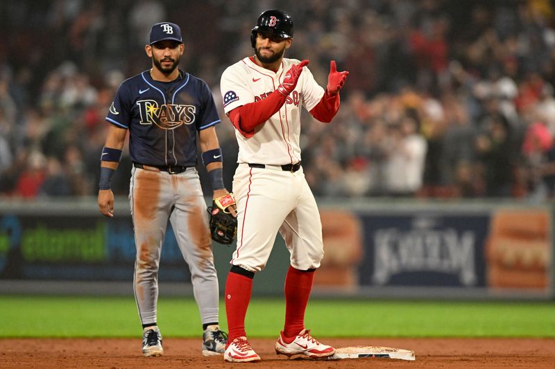 Jun 9, 2025; Boston, Massachusetts, USA; Boston Red Sox first baseman Abraham Toro (29) reacts after hitting a double against the Tampa Bay Rays during the ninth inning at Fenway Park. Mandatory Credit: Brian Fluharty-Imagn Images