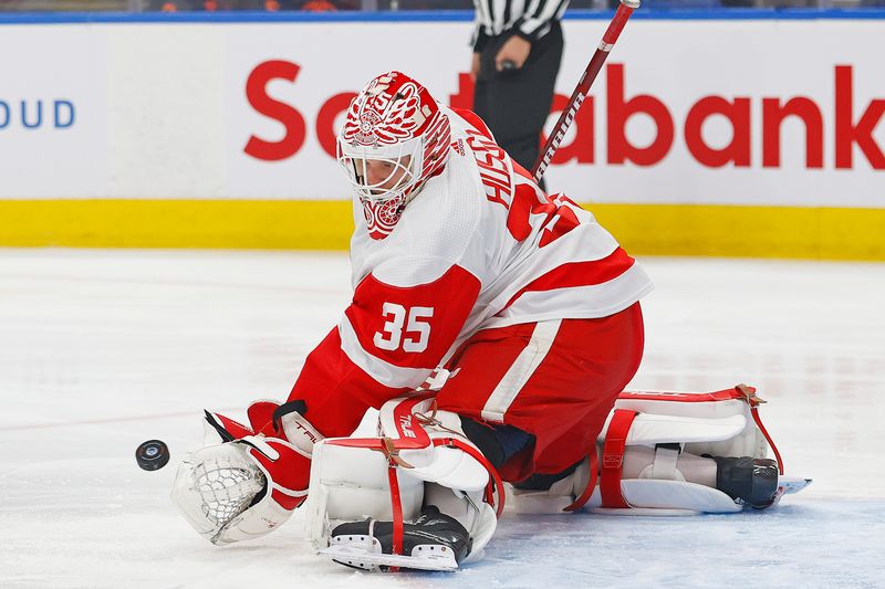 Feb 15, 2023; Edmonton, Alberta, CAN;Detroit Red Wings goaltender Ville Husso (35) makes a save on a shot by Edmonton Oilers forward Zach Hyman (18) (not shown) during the first period  at Rogers Place. Mandatory Credit: Perry Nelson-USA TODAY Sports