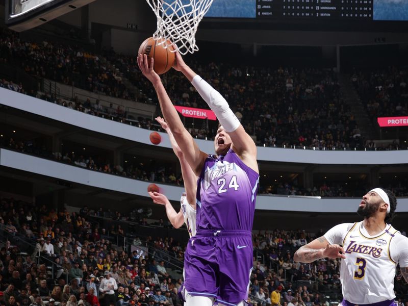 SALT LAKE CITY, UT - DECEMBER 1: Walker Kessler #24 of the Utah Jazz drives to the basket during the game against the Los Angeles Lakers on December 1, 2024 at Delta Center in Salt Lake City, Utah. NOTE TO USER: User expressly acknowledges and agrees that, by downloading and or using this Photograph, User is consenting to the terms and conditions of the Getty Images License Agreement. Mandatory Copyright Notice: Copyright 2024 NBAE (Photo by Melissa Majchrzak/NBAE via Getty Images)