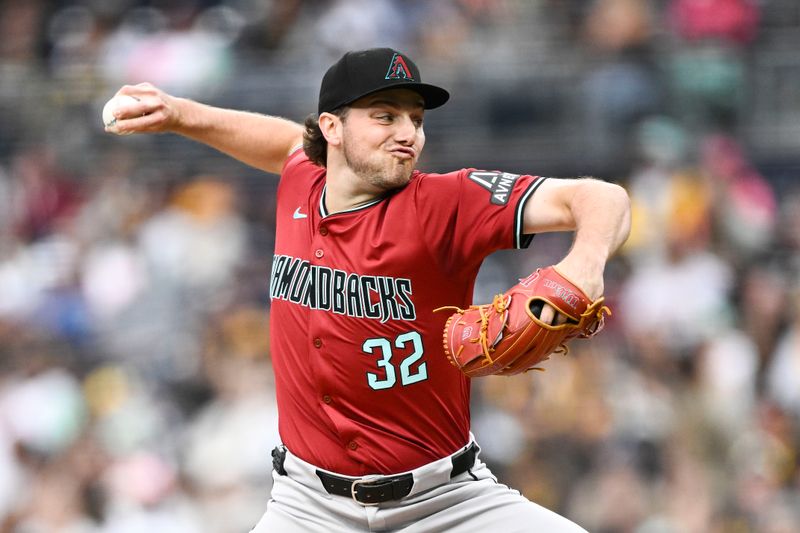 Jun 7, 2024; San Diego, California, USA; Arizona Diamondbacks starting pitcher Brandon Pfaadt (32) delivers during the first inning against the San Diego Padres at Petco Park. Mandatory Credit: Denis Poroy-USA TODAY Sports at Petco Park. 