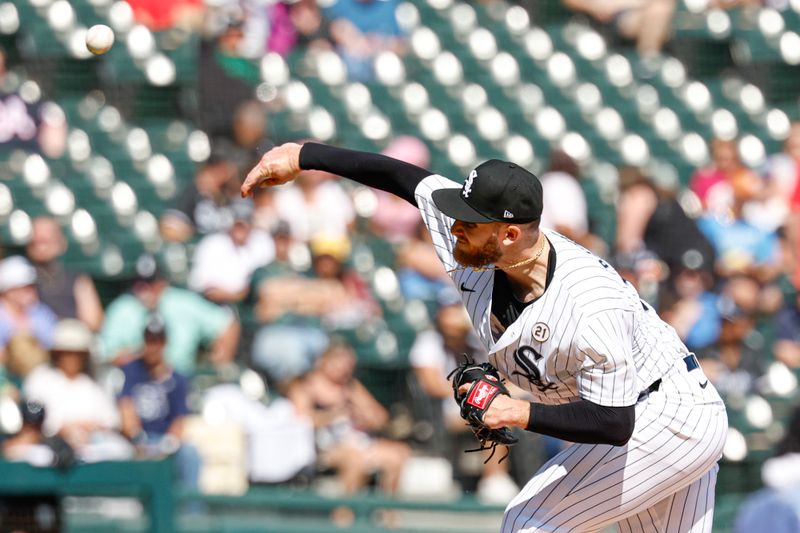 Sep 15, 2024; Chicago, Illinois, USA; Chicago White Sox starting pitcher Sean Burke (59) delivers a pitch against the Oakland Athletics during the fourth inning at Guaranteed Rate Field. Mandatory Credit: Kamil Krzaczynski-Imagn Images