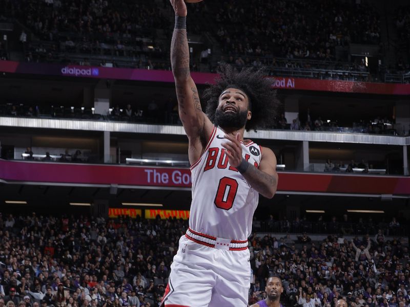 SACRAMENTO, CA - MARCH 4: Coby White #0 of the Chicago Bulls drives to the basket during the game against the Sacramento Kings on March 4, 2024 at Golden 1 Center in Sacramento, California. NOTE TO USER: User expressly acknowledges and agrees that, by downloading and or using this Photograph, user is consenting to the terms and conditions of the Getty Images License Agreement. Mandatory Copyright Notice: Copyright 2024 NBAE (Photo by Rocky Widner/NBAE via Getty Images)