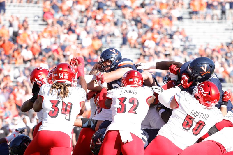 Oct 12, 2024; Charlottesville, Virginia, USA; Virginia Cavaliers quarterback Grady Brosterhous (19) scores a touchdown during the first half against the Louisville Cardinals at Scott Stadium. Mandatory Credit: Amber Searls-Imagn Images