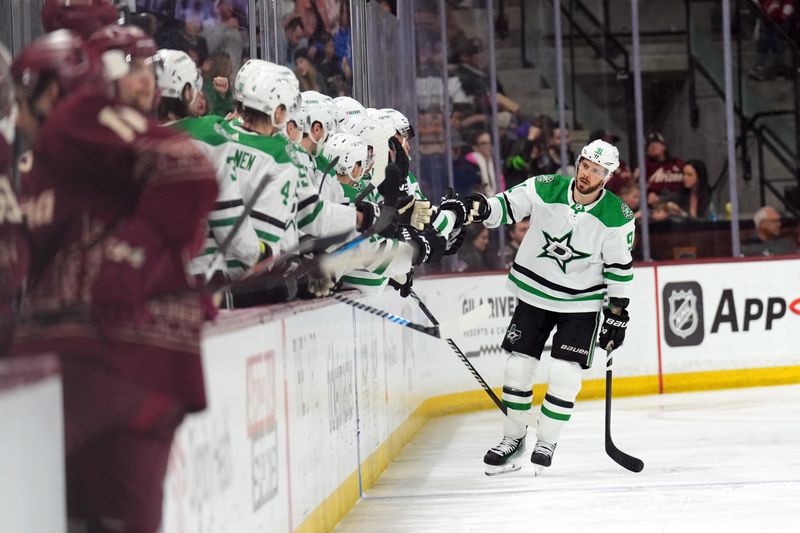 Mar 24, 2024; Tempe, Arizona, USA; Dallas Stars center Tyler Seguin (91) celebrates his goal against the Arizona Coyotes during the second period at Mullett Arena. Mandatory Credit: Joe Camporeale-USA TODAY Sports