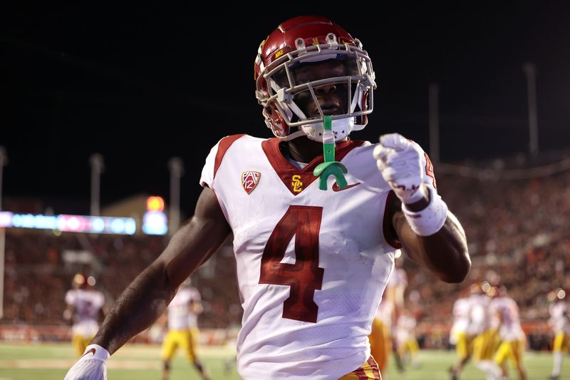 Oct 15, 2022; Salt Lake City, Utah, USA; USC Trojans defensive back Max Williams (4) reacts to a play against the Utah Utes in the second quarter at Rice-Eccles Stadium. Mandatory Credit: Rob Gray-USA TODAY Sports