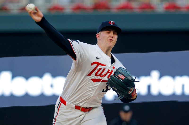 Sep 28, 2024; Minneapolis, Minnesota, USA; Minnesota Twins starting pitcher Zebby Matthews (52) throws to the Baltimore Orioles in the first inning at Target Field. Mandatory Credit: Bruce Kluckhohn-Imagn Images