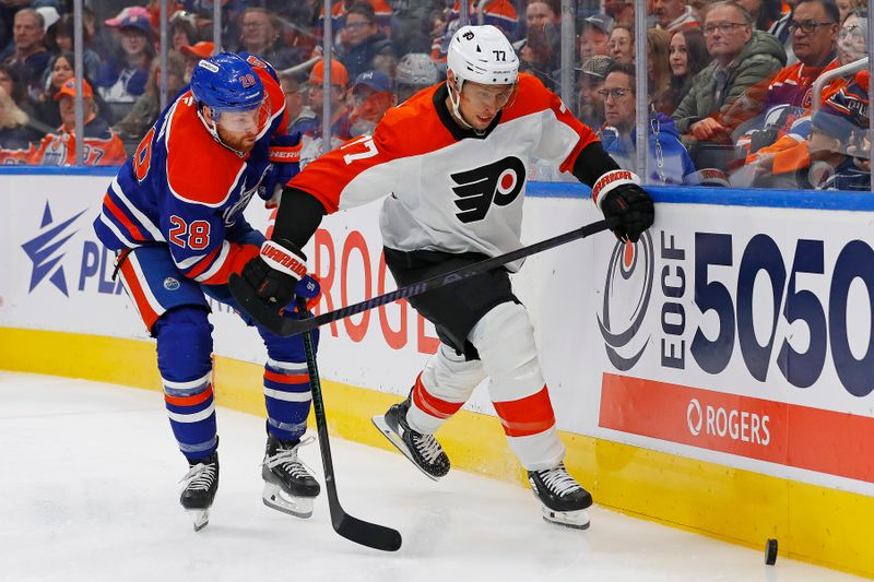 Oct 15, 2024; Edmonton, Alberta, CAN; Philadelphia Flyers defensemen Erik Johnson (77) and Edmonton Oilers forward Leon Draisaitl (29) battle along the boards for a loose puck  during the first period at Rogers Place. Mandatory Credit: Perry Nelson-Imagn Images