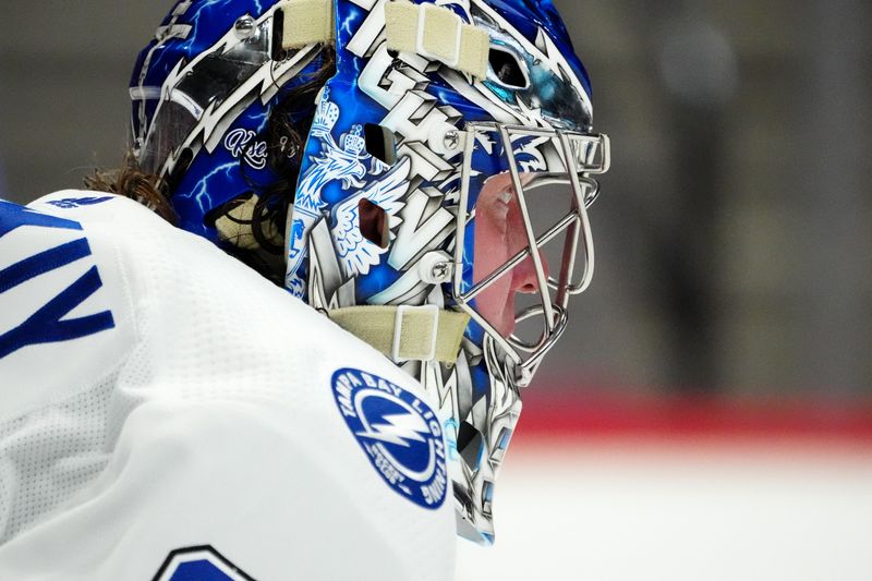 Feb 14, 2023; Denver, Colorado, USA; Tampa Bay Lightning goaltender Andrei Vasilevskiy (88) during the second period against the Colorado Avalanche at Ball Arena. Mandatory Credit: Ron Chenoy-USA TODAY Sports