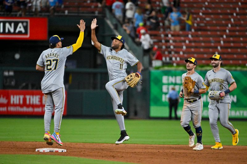 Aug 20, 2024; St. Louis, Missouri, USA;  Milwaukee Brewers left fielder Jackson Chourio (11) celebrates with shortstop Willy Adames (27) after the Brewers defeated the St. Louis Cardinals at Busch Stadium. Mandatory Credit: Jeff Curry-USA TODAY Sports