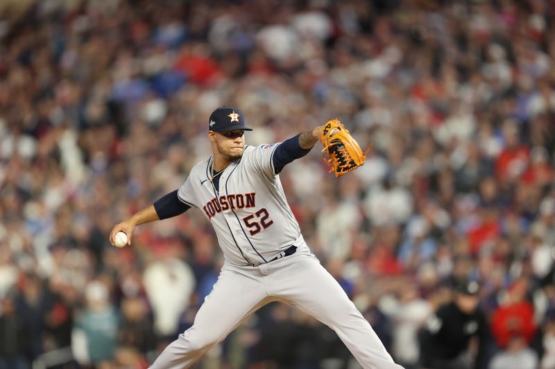 Oct 11, 2023; Minneapolis, Minnesota, USA; Houston Astros relief pitcher Bryan Abreu (52) pitches in the in the eighth inning against the Minnesota Twins during game four of the ALDS for the 2023 MLB playoffs at Target Field. Mandatory Credit: Jesse Johnson-USA TODAY Sports