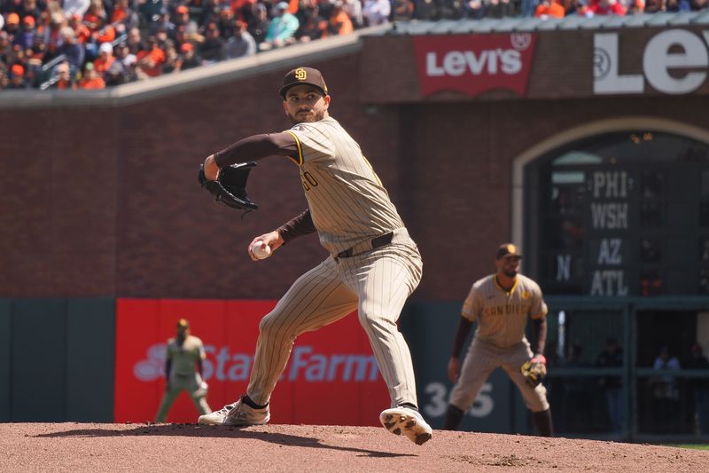 Apr 5, 2024; San Francisco, California, USA; San Diego Padres starting pitcher Dylan Cease (84) pitches the ball against the San Francisco Giants during the first inning at Oracle Park. Mandatory Credit: Kelley L Cox-USA TODAY Sports