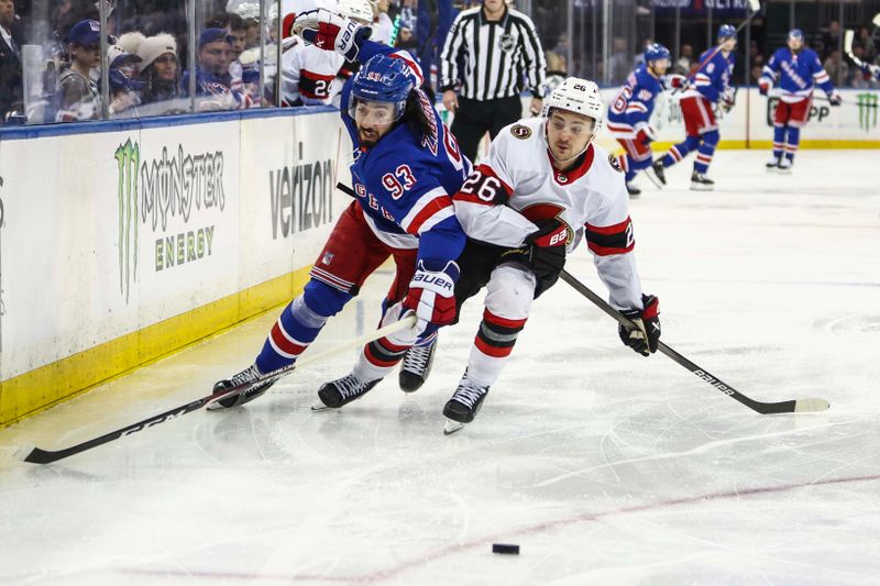 Apr 15, 2024; New York, New York, USA;  New York Rangers center Mika Zibanejad (93) and Ottawa Senators defenseman Erik Brannstrom (26) chase the puck in the third period at Madison Square Garden. Mandatory Credit: Wendell Cruz-USA TODAY Sports