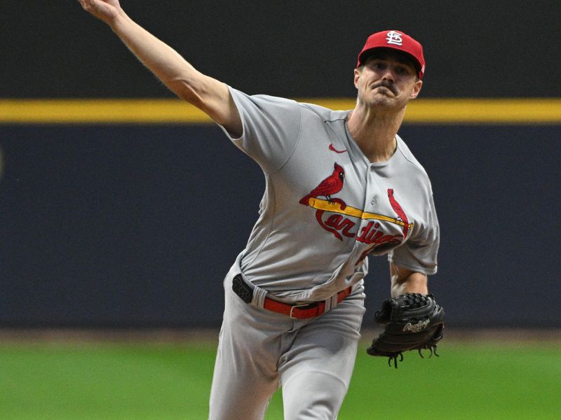 Sep 28, 2023; Milwaukee, Wisconsin, USA; St. Louis Cardinals starting pitcher Dakota Hudson (43) delivers a pitch against the Milwaukee Brewers in the first inning at American Family Field. Mandatory Credit: Michael McLoone-USA TODAY Sports