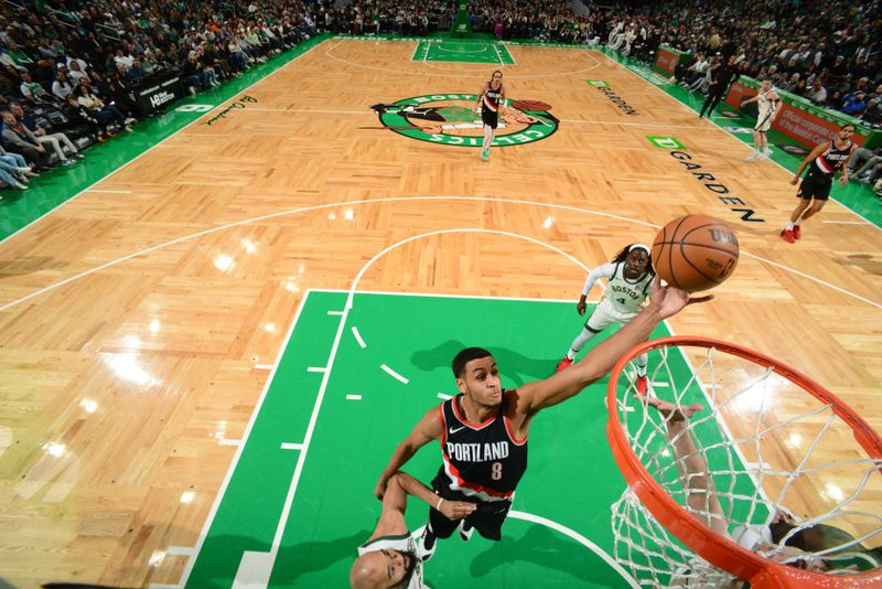 BOSTON, MA - APRIL 7: Kris Murray #8 of the Portland Trail Blazers goes to the basket during the game on April 7, 2024 at the TD Garden in Boston, Massachusetts. NOTE TO USER: User expressly acknowledges and agrees that, by downloading and or using this photograph, User is consenting to the terms and conditions of the Getty Images License Agreement. Mandatory Copyright Notice: Copyright 2024 NBAE  (Photo by Brian Babineau/NBAE via Getty Images)