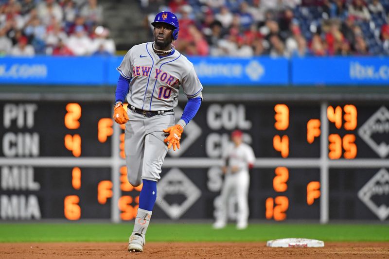 Sep 24, 2023; Philadelphia, Pennsylvania, USA; New York Mets shortstop Ronny Mauricio (10) runs the bases after hitting a two run home run during the sixth inning against the Philadelphia Phillies at Citizens Bank Park. Mandatory Credit: Eric Hartline-USA TODAY Sports