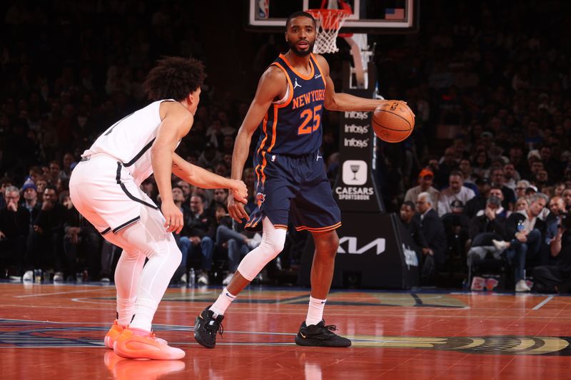 NEW YORK, NY - NOVEMBER 15: Mikal Bridges #25 of the New York Knicks dribbles the ball during the game against the Brooklyn Nets during the Emirates NBA Cup game on November 15, 2024 at Madison Square Garden in New York City, New York.  NOTE TO USER: User expressly acknowledges and agrees that, by downloading and or using this photograph, User is consenting to the terms and conditions of the Getty Images License Agreement. Mandatory Copyright Notice: Copyright 2024 NBAE  (Photo by Nathaniel S. Butler/NBAE via Getty Images)