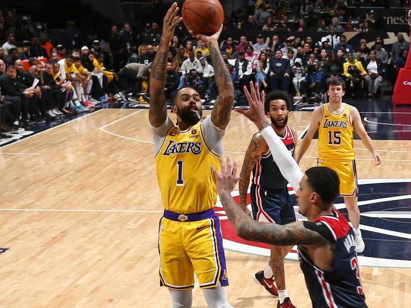 WASHINGTON, DC -? APRIL 4: D'Angelo Russell #1 of the Los Angeles Lakers shoots the ball during the game against the Washington Wizards on April 4, 2024 at Capital One Arena in Washington, DC. NOTE TO USER: User expressly acknowledges and agrees that, by downloading and or using this Photograph, user is consenting to the terms and conditions of the Getty Images License Agreement. Mandatory Copyright Notice: Copyright 2024 NBAE (Photo by Kenny Giarla/NBAE via Getty Images)