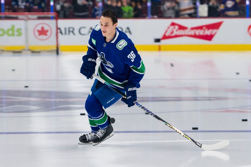 Apr 2, 2023; Vancouver, British Columbia, CAN; Vancouver Canucks defenseman Akito Hirose (36) skates during warm up in his NHL debut prior to a game against the Los Angeles Kings at Rogers Arena. Mandatory Credit: Bob Frid-USA TODAY Sports