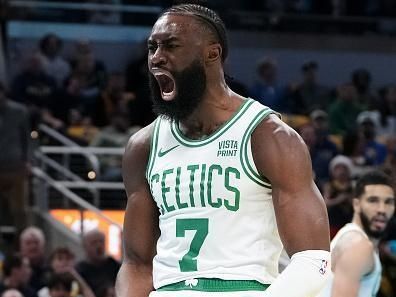 INDIANAPOLIS, INDIANA - DECEMBER 04: Jaylen Brown #7 of the Boston Celtics reacts after dunking the ball in the first quarter against the Indiana Pacers during the NBA In-Season Tournament at Gainbridge Fieldhouse on December 04, 2023 in Indianapolis, Indiana. NOTE TO USER: User expressly acknowledges and agrees that, by downloading and or using this photograph, User is consenting to the terms and conditions of the Getty Images License Agreement. (Photo by Dylan Buell/Getty Images)