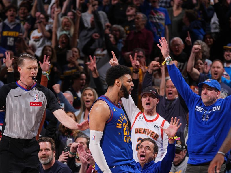 DENVER, CO - MARCH 5: Jamal Murray #27 of the Denver Nuggets celebrates during the game against the Phoenix Suns on March 5, 2024 at the Ball Arena in Denver, Colorado. NOTE TO USER: User expressly acknowledges and agrees that, by downloading and/or using this Photograph, user is consenting to the terms and conditions of the Getty Images License Agreement. Mandatory Copyright Notice: Copyright 2024 NBAE (Photo by Bart Young/NBAE via Getty Images)