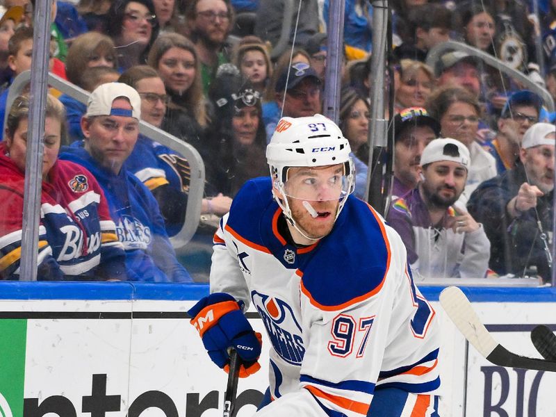 Mar 13, 2026; St. Louis, Missouri, USA; Edmonton Oilers center Connor McDavid (97) controls the puck against the St. Louis Blues during the first period at Enterprise Center. Mandatory Credit: Jeff Curry-Imagn Images