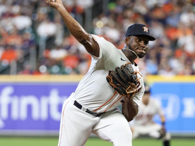 Aug 2, 2023; Houston, Texas, USA; Houston Astros starting pitcher Ronel Blanco (56) pitches against the Cleveland Guardians in the second inning at Minute Maid Park. Mandatory Credit: Thomas Shea-USA TODAY Sports