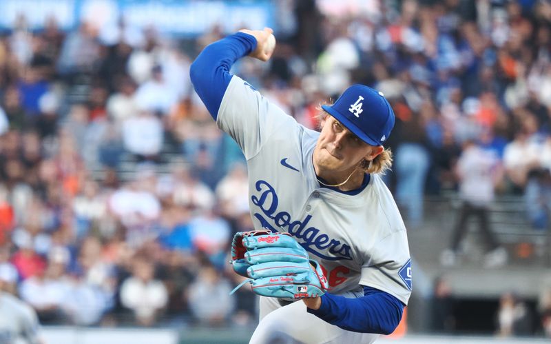 Jun 28, 2024; San Francisco, California, USA; Los Angeles Dodgers starting pitcher Landon Knack (96) throws against the San Francisco Giants during the first inning at Oracle Park. Mandatory Credit: Kelley L Cox-USA TODAY Sports