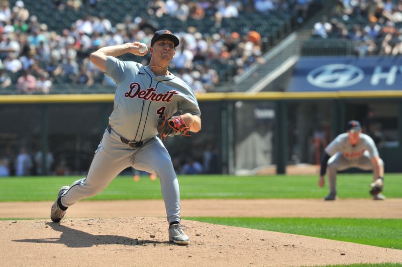 Aug 25, 2024; Chicago, Illinois, USA; Detroit Tigers starting pitcher Beau Brieske (4) pitches during the first inning against the Chicago White Sox at Guaranteed Rate Field. Mandatory Credit: Patrick Gorski-USA TODAY Sports