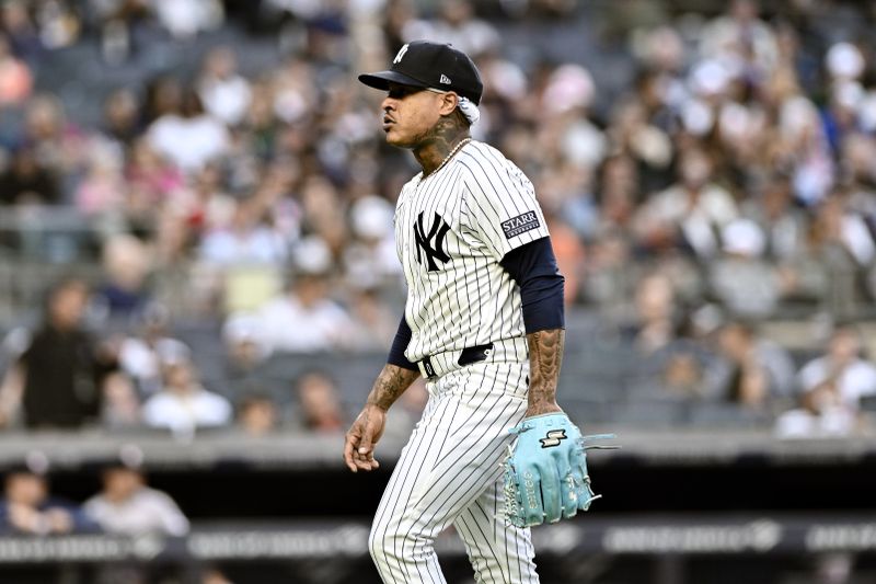 May 9, 2024; Bronx, New York, USA; New York Yankees pitcher Marcus Stroman (0) exits the game against the Houston Astros during the sixth inning at Yankee Stadium. Mandatory Credit: John Jones-USA TODAY Sports