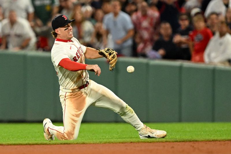 Sep 14, 2025; Boston, Massachusetts, USA; Boston Red Sox second baseman Romy Gonzalez (23) throws to first base for an out against the New York Yankees during the ninth inning at Fenway Park. Mandatory Credit: Brian Fluharty-Imagn Images
