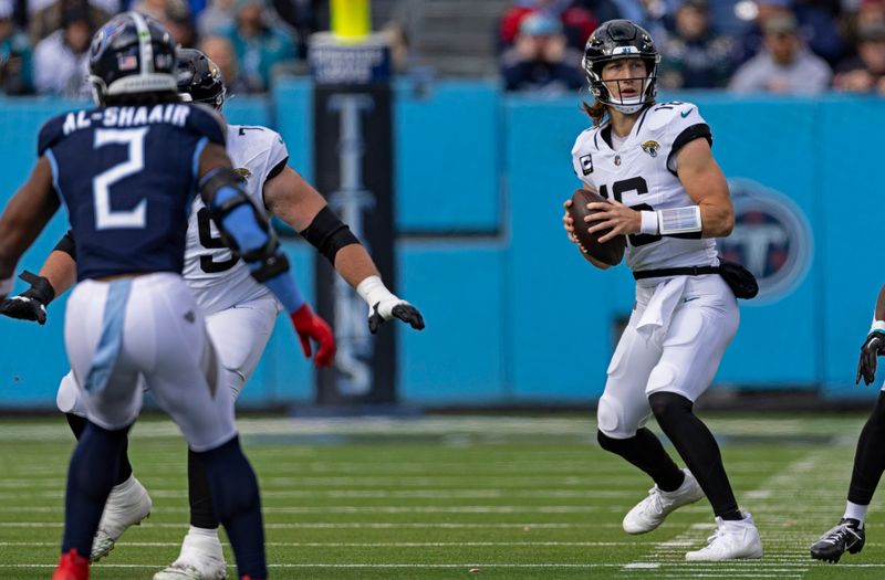 Jacksonville Jaguars quarterback Trevor Lawrence (16) looks for a receiver during their NFL football game against the Tennessee Titans Sunday, Jan. 7, 2024, in Nashville, Tenn. (AP Photo/Wade Payne)