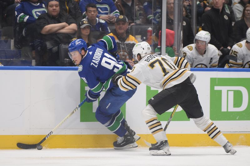 Feb 24, 2024; Vancouver, British Columbia, CAN;  Vancouver Canucks player Nikita Zadorov (91) battles for the puck against Boston Bruins forward Jesper Boqvist (70) during the third period at Rogers Arena. Mandatory Credit: Anne-Marie Sorvin-USA TODAY Sports