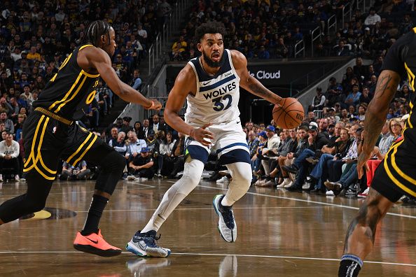 SAN FRANCISCO, CA - NOVEMBER 14: Karl-Anthony Towns #32 of the Minnesota Timberwolves dribbles the ball during the game against the Golden State Warriors during the In-Season Tournament on November 14, 2023 at Chase Center in San Francisco, California. NOTE TO USER: User expressly acknowledges and agrees that, by downloading and or using this photograph, user is consenting to the terms and conditions of Getty Images License Agreement. Mandatory Copyright Notice: Copyright 2023 NBAE (Photo by Noah Graham/NBAE via Getty Images)