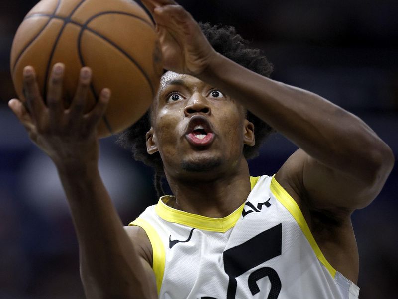 NEW ORLEANS, LOUISIANA - JANUARY 23: Collin Sexton #2 of the Utah Jazz makes a layup during the first quarter of an NBA game against the New Orleans Pelicans at Smoothie King Center on January 23, 2024 in New Orleans, Louisiana. NOTE TO USER: User expressly acknowledges and agrees that, by downloading and or using this photograph, User is consenting to the terms and conditions of the Getty Images License Agreement. (Photo by Sean Gardner/Getty Images)