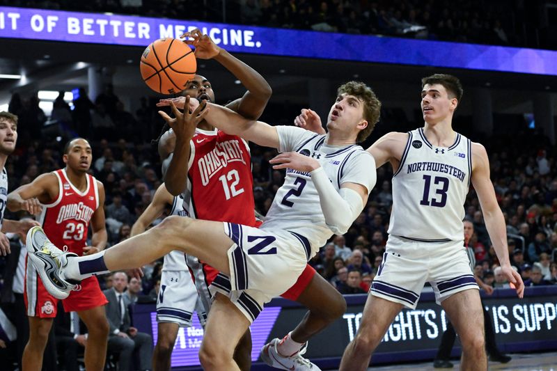 Jan 27, 2024; Evanston, Illinois, USA; Ohio State Buckeyes guard Evan Mahaffey (12) and Northwestern Wildcats forward Nick Martinelli (2) fight for a rebound during the first half  at Welsh-Ryan Arena. Mandatory Credit: Matt Marton-USA TODAY Sports