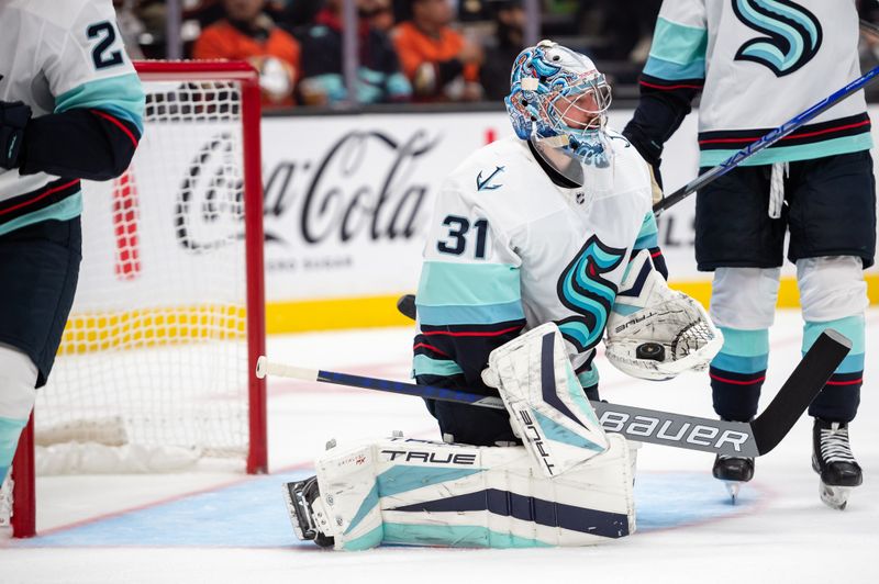 Oct 12, 2022; Anaheim, California, USA; Seattle Kraken goaltender Philipp Grubauer (31) after making a save against Anaheim Ducks during the second period at Honda Center. Mandatory Credit: Jonathan Hui-USA TODAY Sports