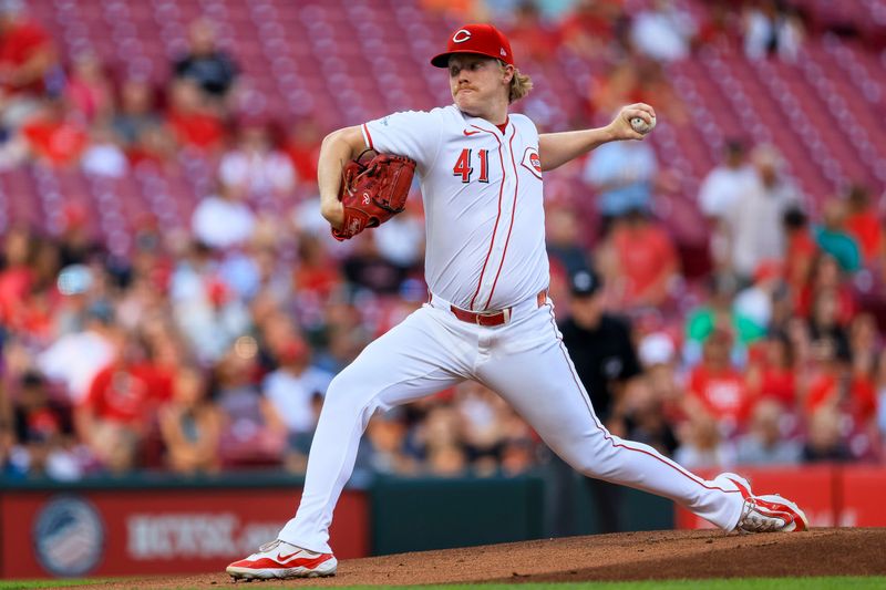 Jul 8, 2024; Cincinnati, Ohio, USA; Cincinnati Reds starting pitcher Andrew Abbott (41) pitches against the Colorado Rockies in the first inning at Great American Ball Park. Mandatory Credit: Katie Stratman-USA TODAY Sports