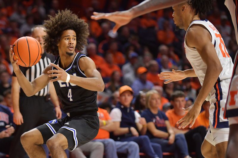 Nov 6, 2023; Champaign, Illinois, USA; Eastern Illinois Panthers guard Isaiah Griffin (4) with the ball during the second half against the Illinois Fighting Illini at State Farm Center. Mandatory Credit: Ron Johnson-USA TODAY Sports