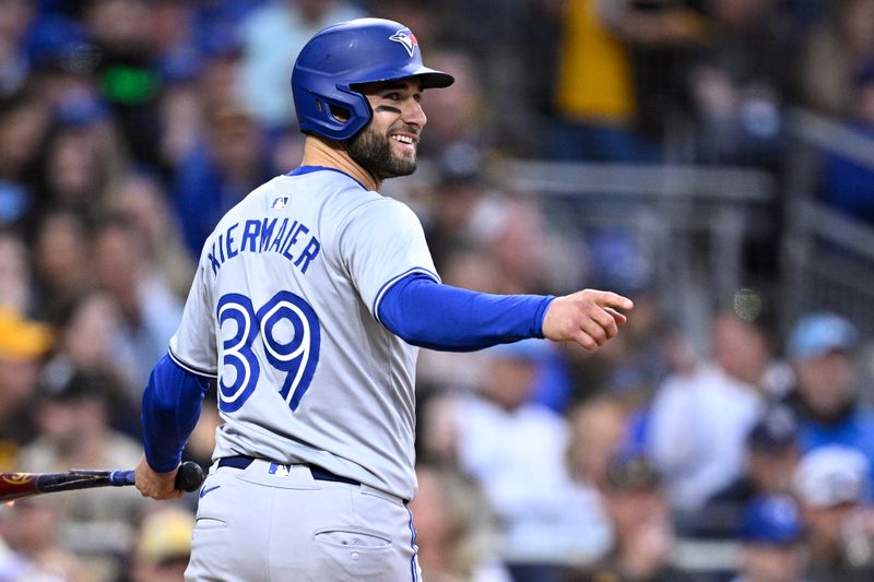 Apr 19, 2024; San Diego, California, USA; Toronto Blue Jays center fielder Kevin Kiermaier (39) gestures after scoring a run against the San Diego Padres during the second inning at Petco Park. Mandatory Credit: Orlando Ramirez-USA TODAY Sports 