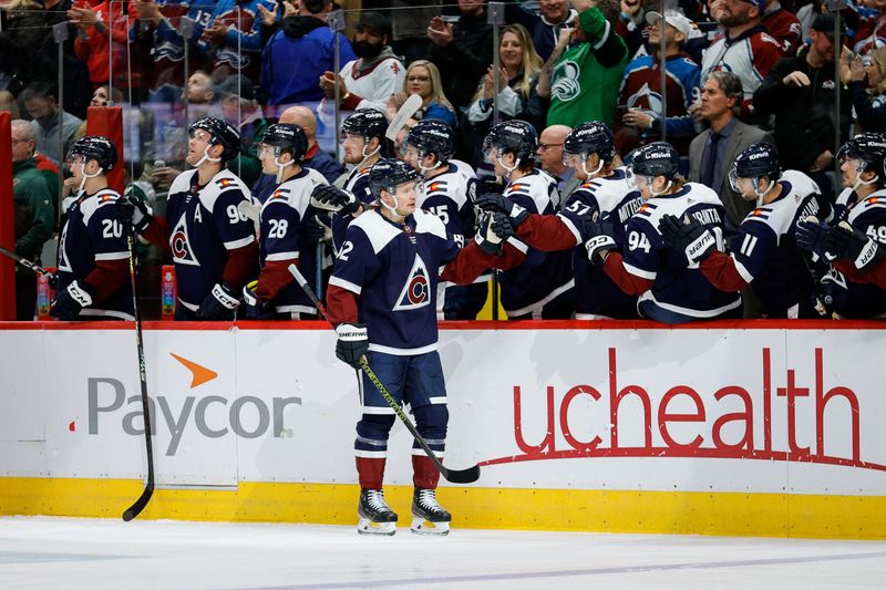 Mar 8, 2024; Denver, Colorado, USA; Colorado Avalanche left wing Artturi Lehkonen (62) celebrates with the bench after his goal in the first period against the Minnesota Wild at Ball Arena. Mandatory Credit: Isaiah J. Downing-USA TODAY Sports