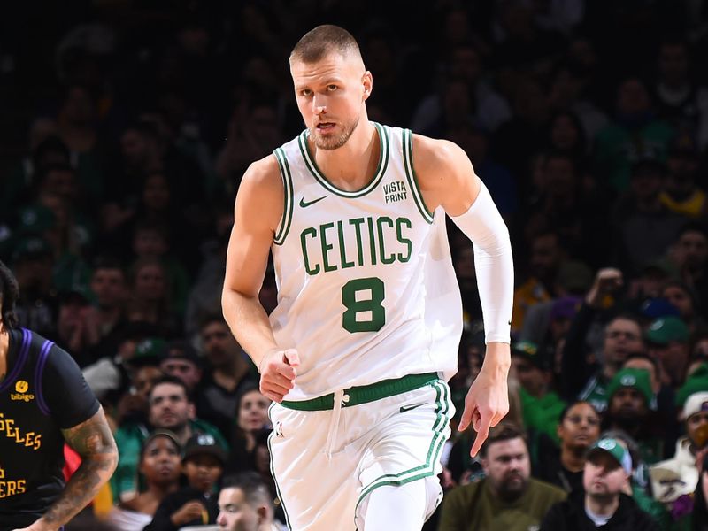 BOSTON, MA - FEBRUARY 1: Kristaps Porzingis #8 of the Boston Celtics looks on during the game against the Los Angeles Lakers on February 1, 2024 at the TD Garden in Boston, Massachusetts. NOTE TO USER: User expressly acknowledges and agrees that, by downloading and or using this photograph, User is consenting to the terms and conditions of the Getty Images License Agreement. Mandatory Copyright Notice: Copyright 2024 NBAE  (Photo by Brian Babineau/NBAE via Getty Images)