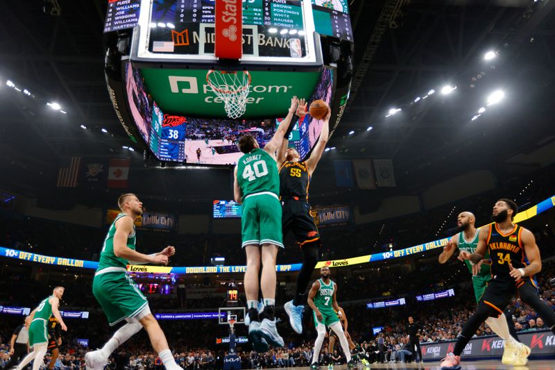 OKLAHOMA CITY, OK - JANUARY 5: Isaiah Hartenstein #55 of the Oklahoma City Thunder shoots the ball during the game against the Boston Celtics  on January 5, 2025 at Paycom Center in Oklahoma City, Oklahoma. NOTE TO USER: User expressly acknowledges and agrees that, by downloading and or using this photograph, User is consenting to the terms and conditions of the Getty Images License Agreement. Mandatory Copyright Notice: Copyright 2025 NBAE (Photo by Martin McGrew/NBAE via Getty Images)