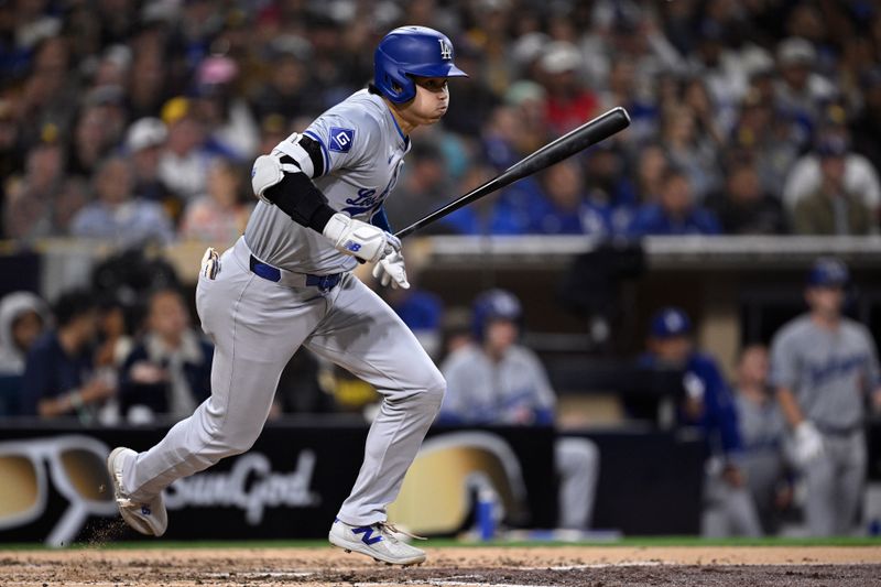 May 10, 2024; San Diego, California, USA; Los Angeles Dodgers designated hitter Shohei Ohtani (17) grounds out during the sixth inning against the San Diego Padres at Petco Park. Mandatory Credit: Orlando Ramirez-USA TODAY Sports