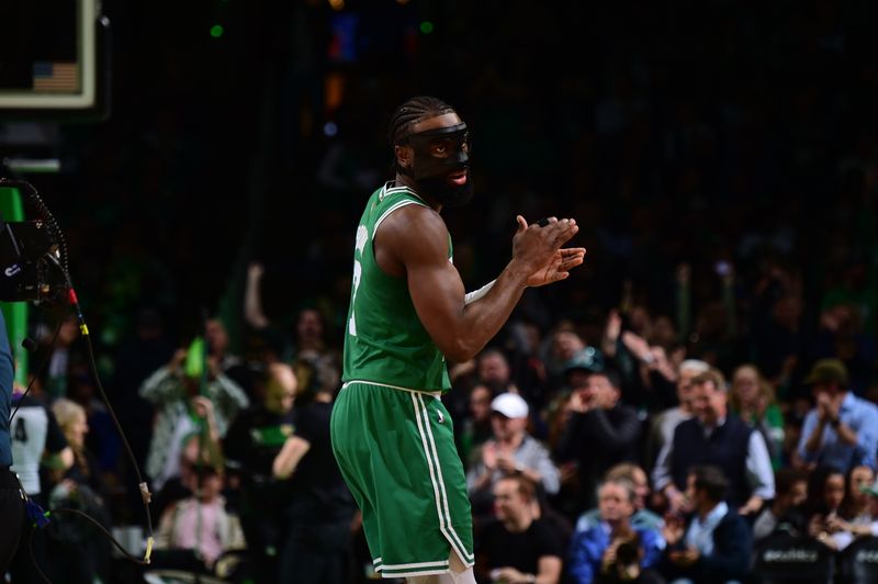 BOSTON, MA - MAY 3: Jaylen Brown #7 of the Boston Celtics celebrates a play during Game Two of the Eastern Conference Semi-Finals 2023 NBA Playoffs on May 3, 2023 at the TD Garden in Boston, Massachusetts. NOTE TO USER: User expressly acknowledges and agrees that, by downloading and or using this photograph, User is consenting to the terms and conditions of the Getty Images License Agreement. Mandatory Copyright Notice: Copyright 2023 NBAE  (Photo by Brian Babineau/NBAE via Getty Images)