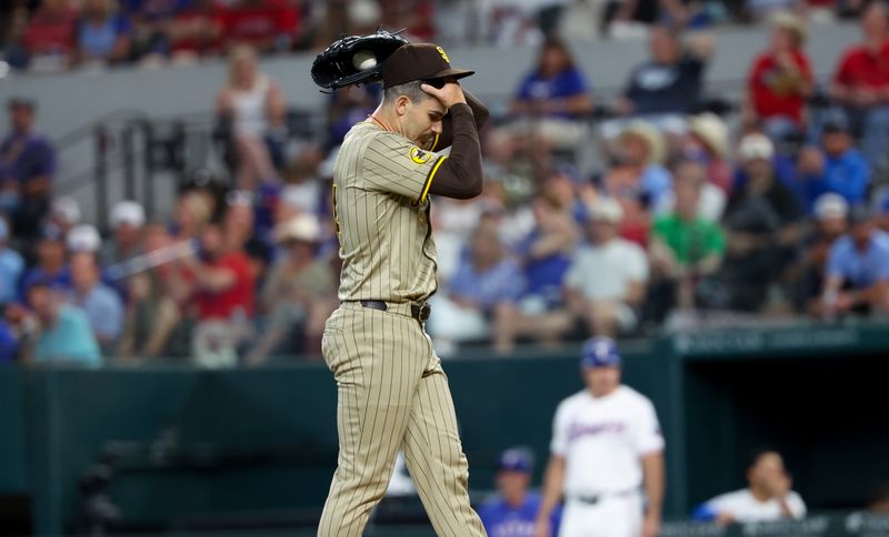 Jul 2, 2024; Arlington, Texas, USA;  San Diego Padres starting pitcher Dylan Cease (84) reacts during the first inning against the Texas Rangers at Globe Life Field. Mandatory Credit: Kevin Jairaj-USA TODAY Sports