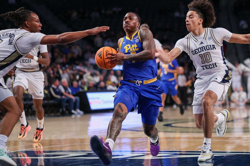 Jan 14, 2026; Atlanta, Georgia, USA; Pittsburgh Panthers guard Damarco Minor (7) drives to the basket against the Georgia Tech Yellow Jackets in the first half at McCamish Pavilion. Mandatory Credit: Brett Davis-Imagn Images